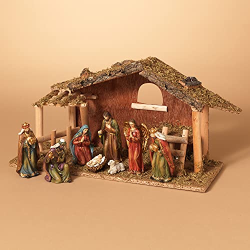 15.25-Inch Nativity Scene Stable with 9 Resin Figurines Christmas Decor