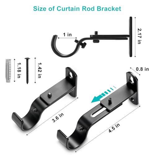 Adjustable Metal Curtain Rod Brackets for 1 Inch Rods - Black, Set of 3