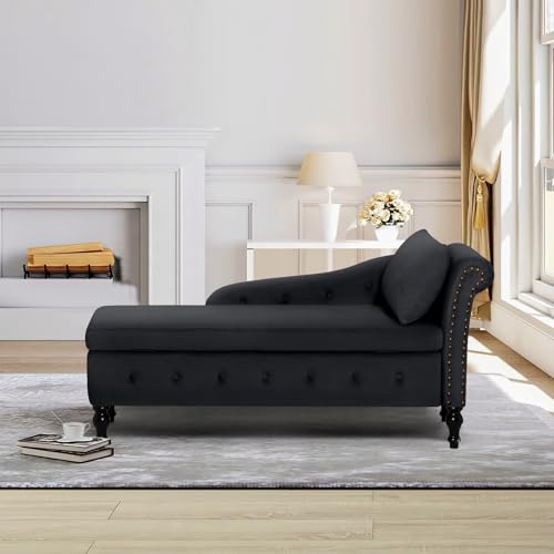 Velvet Chaise Lounge with Storage and Right Armrest, Black Tufted Sofa