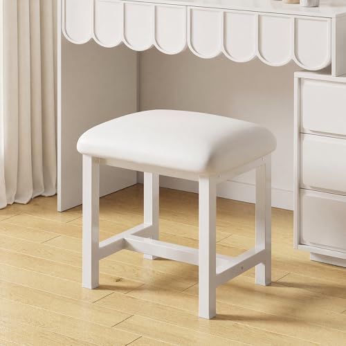 White Vanity Stool with Faux Leather Seat, 18-Inch Backless Makeup Chair