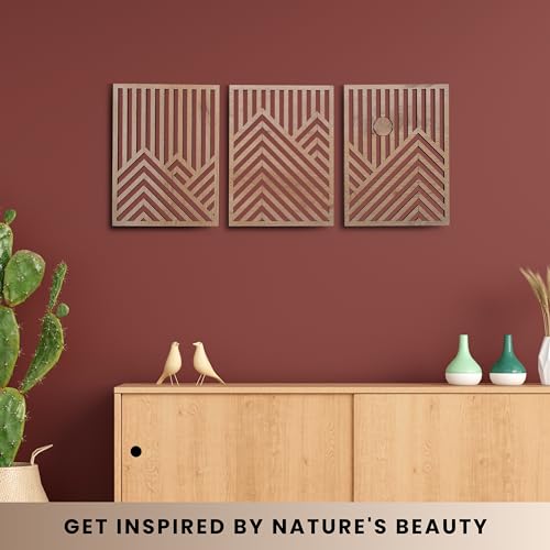 Modern Wooden Wall Sculpture Set - 3-Piece Mountain and Sun Oak Wall Art