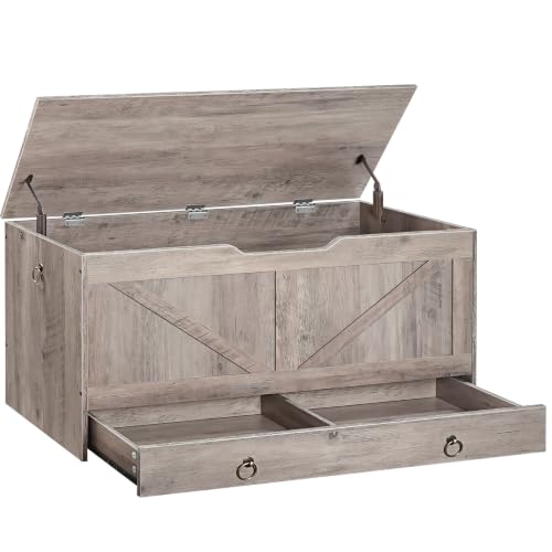 Wooden Storage Chest with Drawer, 39-Inch Entryway Bench with Safety Hinge