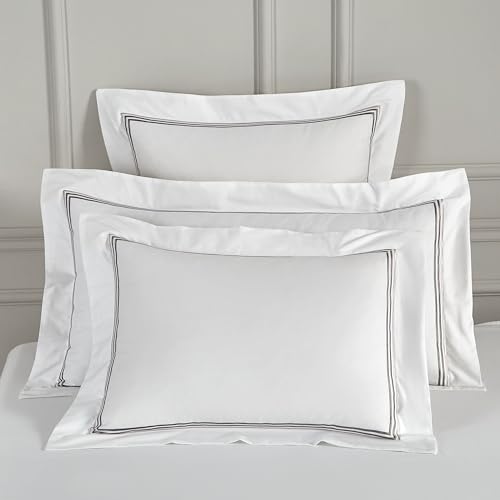 King Size Cotton Pillow Shams Set of 2, 400TC Embroidered Sateen Pillowcases