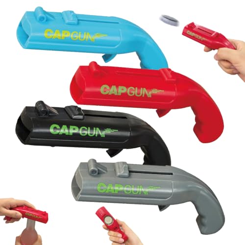 LibereTech Cap Shooting Bottle Opener Gun - Colorful Party Gadget for Men, Blue Red Black Gray