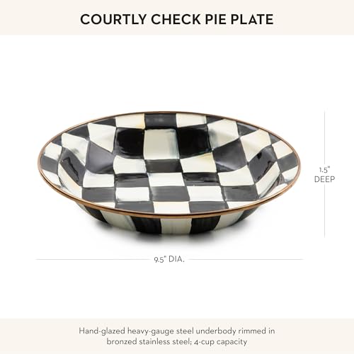 Kenzie-Childs Enamel Pie Plate with Black-and-White Courtly Check Pattern - Oven Safe