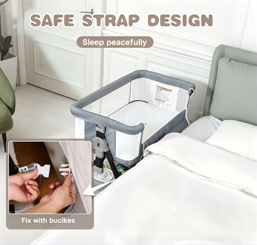 Adjustable Baby Bedside Sleeper Bassinet with Mattress & Wheels - Gray