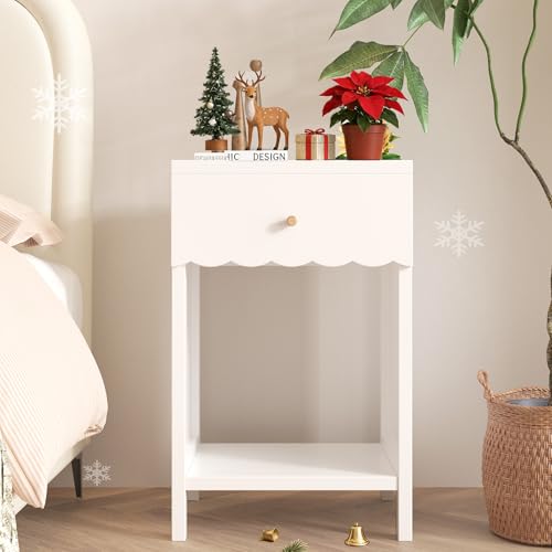Scalloped White Nightstand with Drawer and Open Storage Shelf