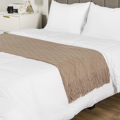 Tan Taupe Knit Throw Blanket with Fringe Tassel, 50x60 Inch Soft Boho Throw