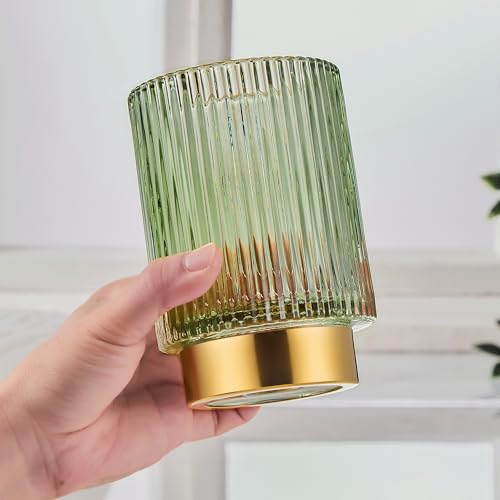 Large Green Glass Makeup Brush & Toothbrush Holder Organizer with Gold Base