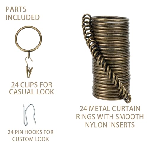 24-Piece Bronze Curtain Ring Set with Clips and Hooks - 1.25 Inch Diameter
