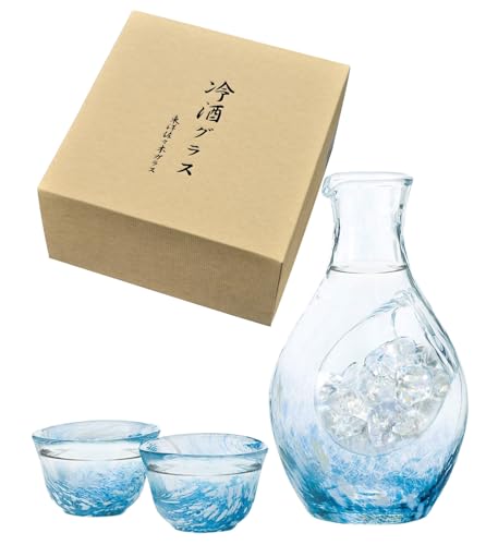 Japanese Glass Sake Set Blue 10.1oz Carafe & Cups - Made in Japan