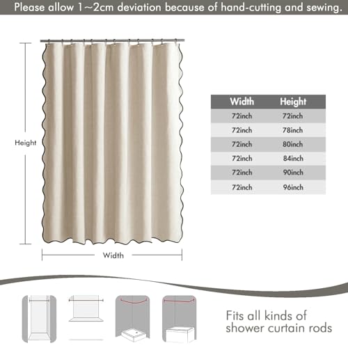MIULEE Scalloped Shower Curtain Waterproof Linen Textured Cream 72x72