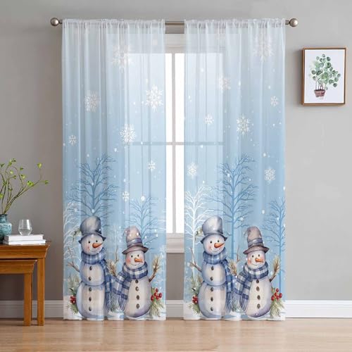ZOE GARDEN 52x96 Craft Blue Snowman Chiffon Curtains 2-Piece Set, Rod Pocket Voile Panels