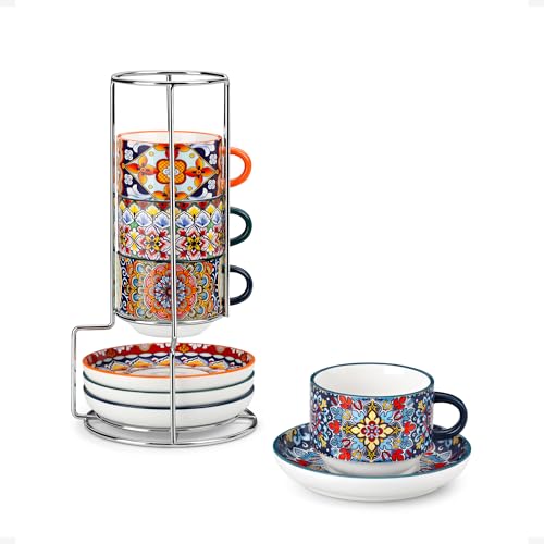 Vancasso Bohemian 2.5oz Stackable Espresso Cup Set of 4 with Saucers