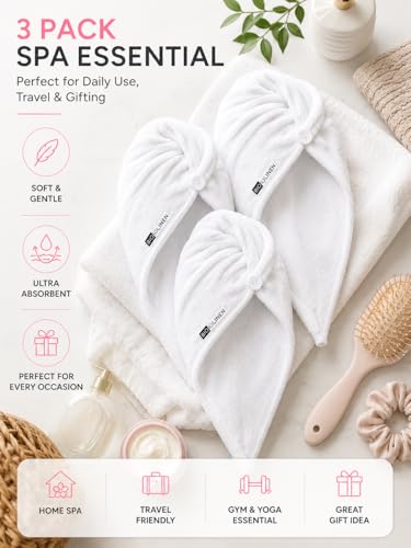 BIOLINEN White Cotton Hair Towel Wrap 3 Pack - 10x25 Inch Quick Dry Turbans