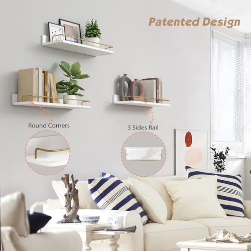 Floating Wall Shelves Set of 3 White and Gold with Guard Rail