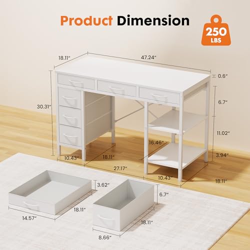 47-Inch Computer Desk with 6 Fabric Drawers & Storage Shelves - White