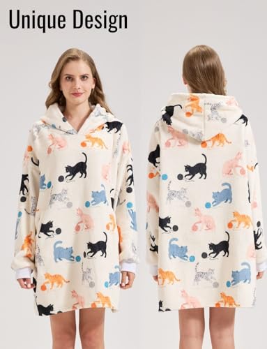 Huglanket Cat Lovers Hoodie Blanket – Cream Yarn Ball S, Oversized Flannel One Size