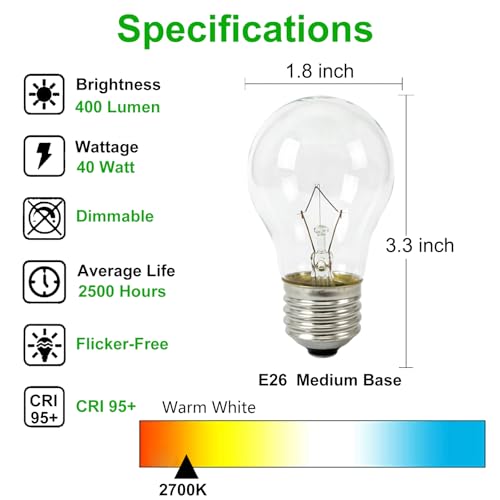 A15 Oven Light Bulb 40W E26 Base, Heat Resistant for Appliance - 4 Pack