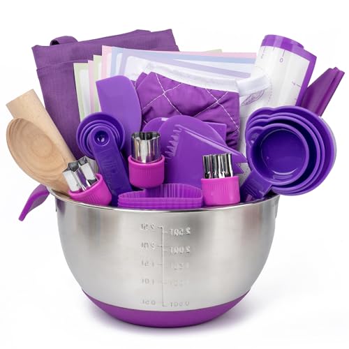 Kids Baking Set with Real Cooking Utensils and Measuring Tools Purple