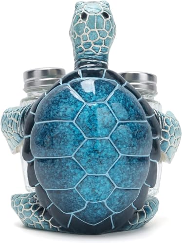 Blue Sea Turtle Salt and Pepper Shaker Holder Set - Coastal Kitchen Decor