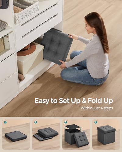 Foldable Storage Ottoman Cube - 15-Inch Tufted Footrest Stool, Dark Gray