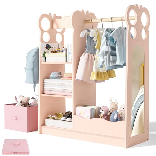 Kids Dress-Up Wardrobe with Mirror & Storage Bins, Toddler Costume Closet