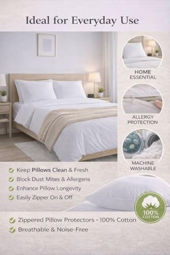 100% Cotton Zippered Pillow Protectors - Breathable Percale Encasements
