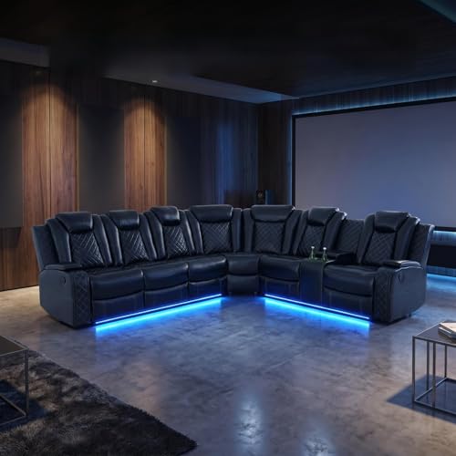 Modern Power Reclining Sectional Sofa with LED Lights and Console