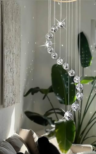 36-Inch Disco Ball Spiral Spinner Mobile with Bamboo and Mirror Accents