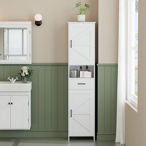67" Tall Bathroom Storage Cabinet with Barn Doors, Drawer & Shelves