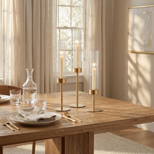 Hewory Gold Hurricane Candle Holders 12PCS Matte Brass Taper Candlestick Set