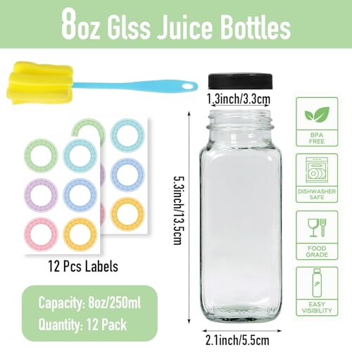 12 Pack 8 oz Glass Juice Bottles with Leak-Proof Lids and Cleaning Brush