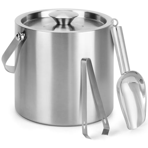 3L Double Wall Stainless Steel Ice Bucket with Lid, Scoop & Tongs - Portable