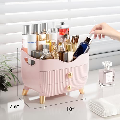 Pink Makeup Organizer with Drawers & Top Compartment - Large Capacity Vanity Storage
