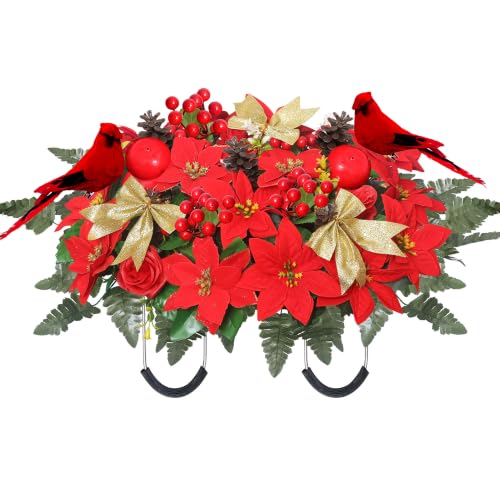Christmas Cemetery Flowers Saddle with Bouquets - Red & Gold, 2 Pack