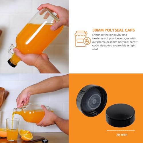 1 Gallon Glass Jugs with Polyseal Caps - 4 Pack, Clear Storage Containers