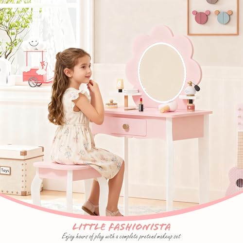 Kids Vanity Set with LED Flower Mirror and Stool - Pastel Pink