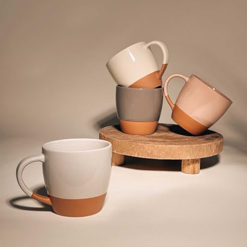 MORA Ceramic Latte Mug Set of 4 - 16oz Assorted Neutrals, Microwave Safe Porcelain Coffee Cups with Big Handles, Modern Boho Style