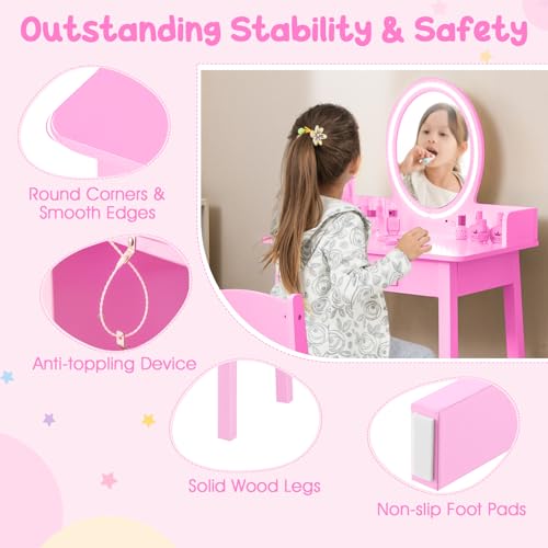 Kids Vanity Table and Chair Set with LED Lighted Mirror and Storage Drawer