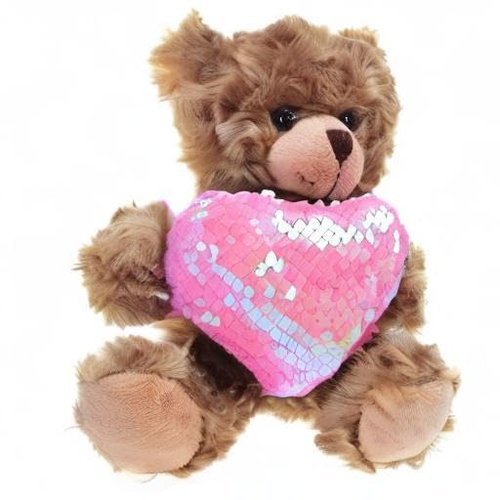 Plushland Stuffed Mocha Heart Bear - Plush Bear Toy for Kids & Adults - Embroidered Heart Pillow - Brown-6 inches (Pink Heart)