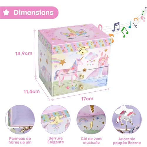 Unicorn Musical Jewelry Box for Girls with Spinning Figurine and Drawers
