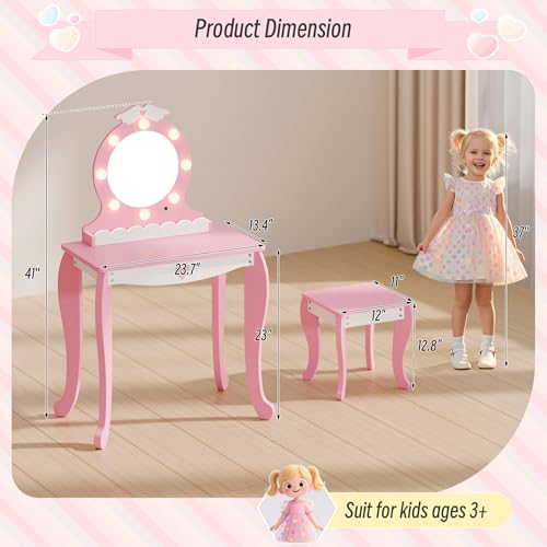 Kids Vanity Set with Lighted Mirror and Stool, Pink Princess Makeup Table