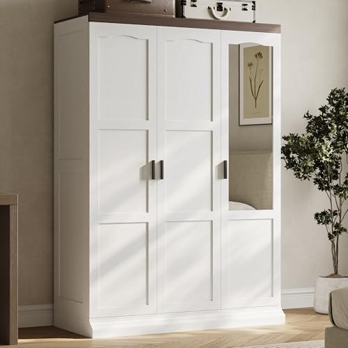 3-Door Wardrobe Closet with Mirror, Adjustable Shelves and Hanging Rods