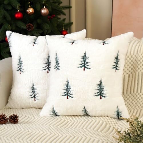 Christmas Pillow Covers 18x18 Set of 2 Christmas Tree Pillow Covers with Embroidered Soft Plush Faux Fur Farmhouse Decorations for Winter Holiday Home Bedroom Sofa Cushion Cases