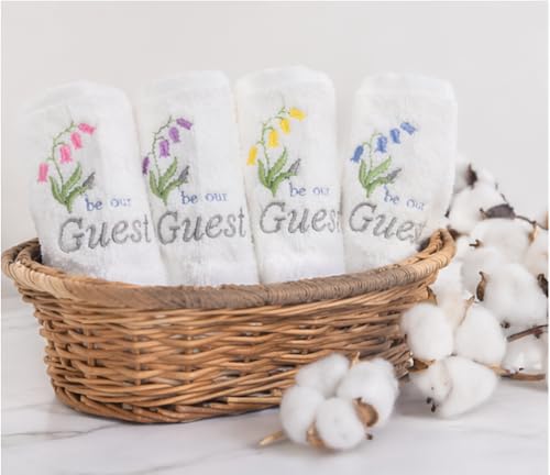 Embroidered Cotton Washcloths - 13x13 Inch Guest Towels, Set of 4