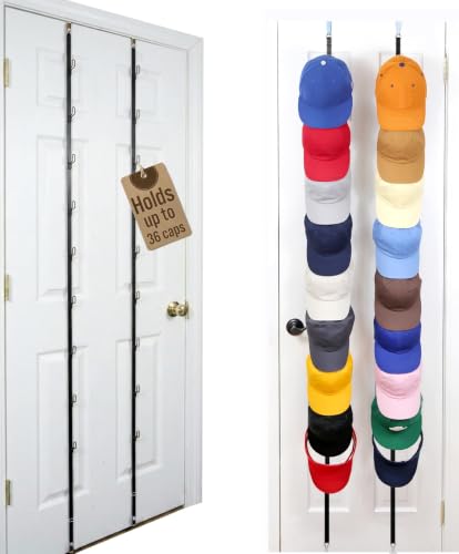 Over-The-Door Hat Organizer for Baseball Caps with 18 Clips Holds 36 Caps