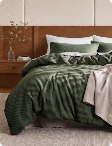 Queen Cotton Waffle Weave Duvet Cover - Olive Green, Breathable & Soft