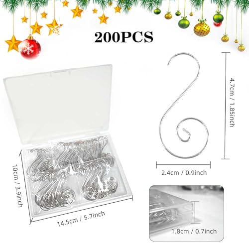 Chffcuh 200 Silver Christmas Ornament Hooks - Metal Tree Hangers for Holiday Decorations