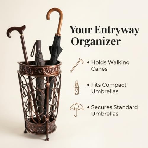 Antique Metal Umbrella Stand with Removable Drip Tray for Entryway